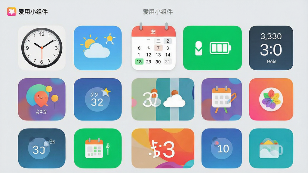 一张展示爱用小组件组件库界面的效果图,画面中手机屏幕显示网格状排列的多种小组件预览缩略图,包含时钟、天气、日历、电量、倒计时等类别,每个缩略图色彩鲜明、风格统一,背景为浅灰色,整体排版整洁有序,图中带有“爱用小组件”文字标识,画质清晰,干净无杂乱