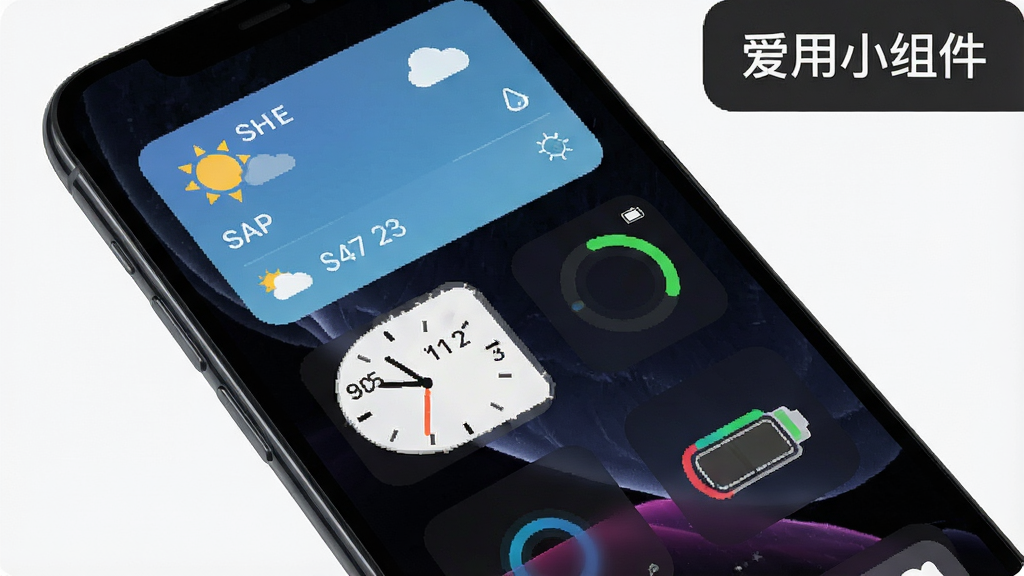 一张展示爱用小组件在手机桌面上实际运行的效果图,画面中手机屏幕显示多个不同尺寸的小组件错落排列,包括大尺寸天气面板、中等时钟组件和小型电量圆环,背景为深色壁纸,组件色彩明亮突出,整体风格现代科技感,图中带有“爱用小组件”文字,画质清晰,干净无多余元素