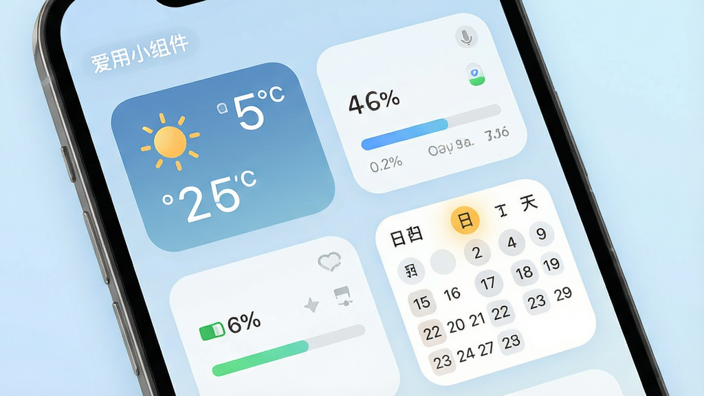 一张展示爱用小组件实时数据同步功能的效果图,画面中手机屏幕上的天气组件显示晴朗图标与温度数字,电量组件显示百分比进度条,日历组件高亮标注当日日期,整体界面色调柔和,背景为淡蓝色渐变,图中清晰可见“爱用小组件”字样,画质细腻,干净整洁