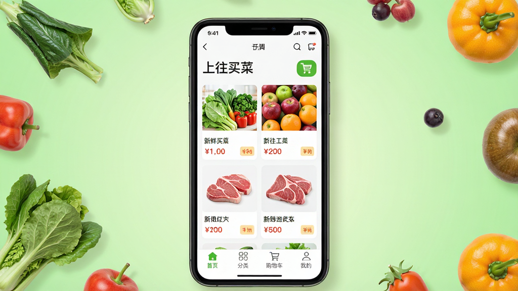 主体为一部智能手机屏幕中显示“上往买菜”APP首页界面,界面中包含新鲜蔬菜、水果、肉类的商品卡片和购物车图标;布局为手机居中放置,背景为浅绿色渐变,周围散落少量新鲜蔬菜水果点缀;排版简洁清晰,突出手机屏幕内容;风格为扁平化写实APP展示风格;细节包括商品图片清晰、价格标签醒目、底部导航栏可见“首页”“分类”“购物车”“我的”四个图标;画质高清,干净,无多余元素