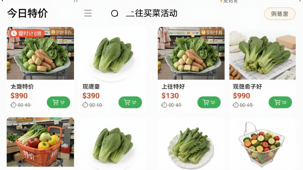 主体为“上往买菜”APP内“今日特价”活动页面截图样式;布局为手机屏幕居中,屏幕内显示多款特价商品卡片,每张卡片有商品图、名称、现价与划线原价;排版为两列网格布局;风格为清新电商促销风格;细节包括“今日特价”标题醒目、倒计时标签、购物车按钮;画质高清,干净,无多余元素