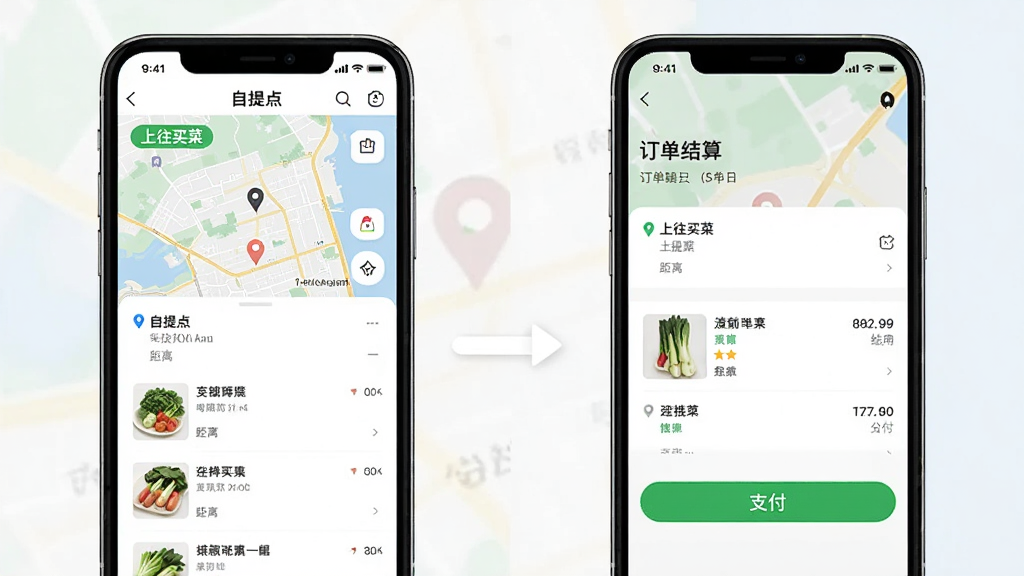主体为“上往买菜”APP在手机屏幕上的自提点选择界面与订单确认页面并排展示;布局为左右两部手机,左侧显示自提点地图与列表,右侧显示订单结算页;排版清晰对比;风格为写实APP界面展示;细节包括自提点名称、距离标签、订单商品缩略图、支付按钮;画质高清,干净,无多余元素