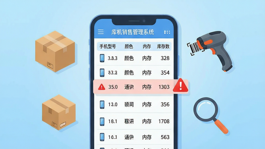 博远手机销售管理系统软件的库存管理界面截图风格插画,画面主体是一个虚拟的手机屏幕,屏幕上显示库存列表,包括手机型号、颜色、内存、库存数量等字段,其中一条库存记录标有红色预警标志,屏幕旁边漂浮着纸箱、扫码枪和放大镜图标,背景为浅蓝色渐变,布局采用居中排版,风格为简洁扁平化矢量图,细节上库存数字清晰,预警标志醒目,画质干净锐利,无多余装饰