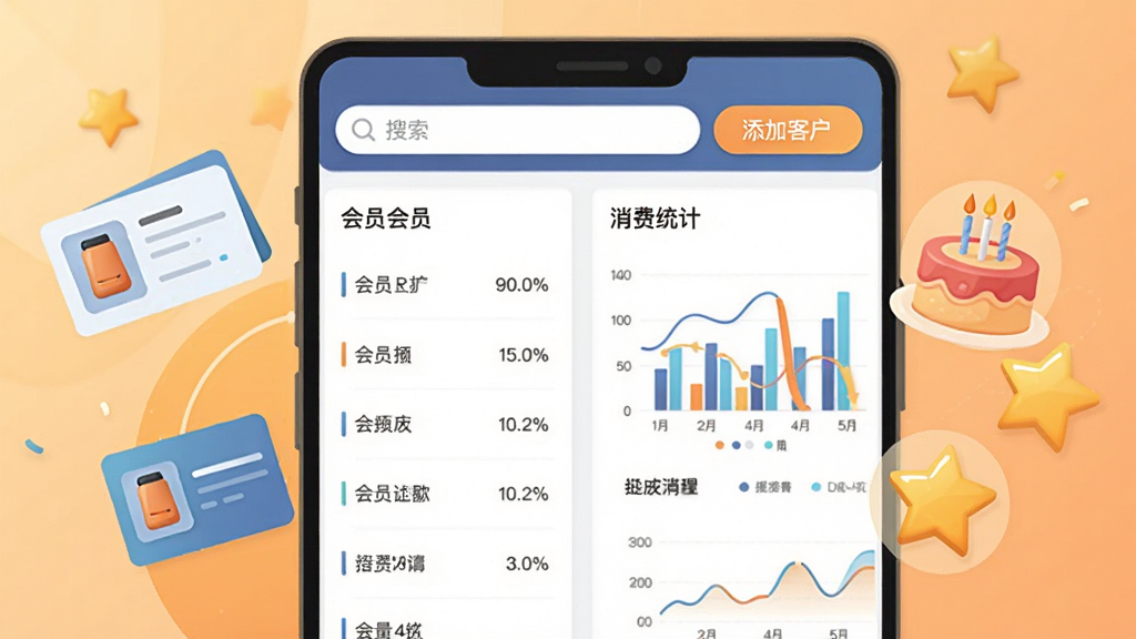 博远手机销售管理系统软件的客户管理界面,画面主体是手机屏幕显示会员列表与消费统计图表,屏幕上方有搜索框和添加客户按钮,屏幕旁边漂浮着名片、生日蛋糕、积分星星等小图标,背景是温馨的暖色调,布局采用左右分栏,风格为现代扁平化插画,细节上图表线条流畅,数字清晰,画质干净无噪点,无多余元素
