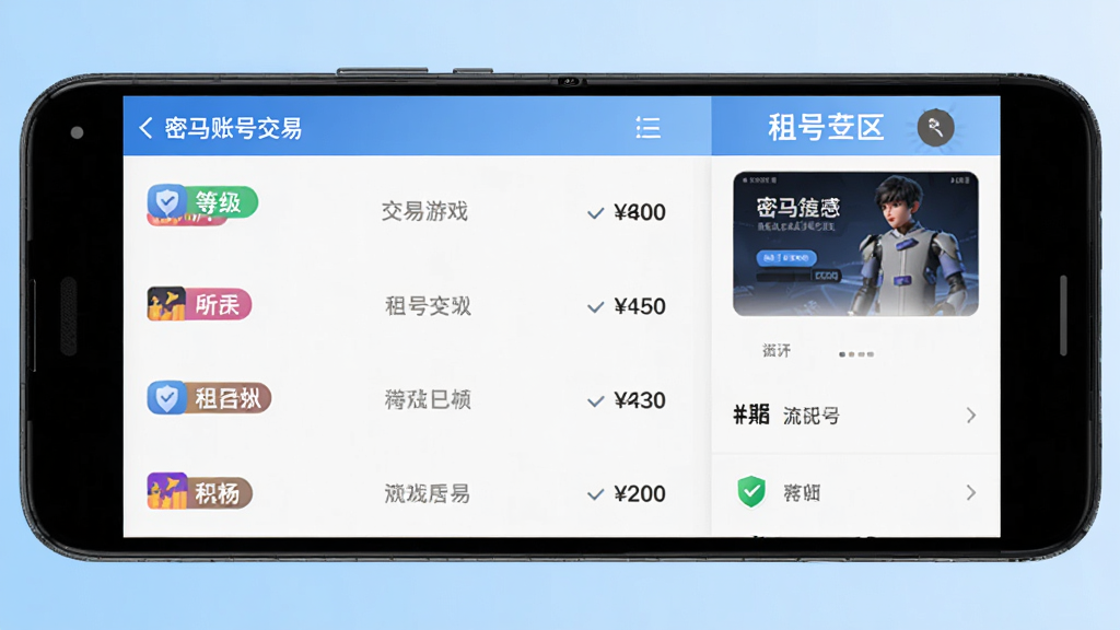 密马游戏交易软件界面全貌展示,手机屏幕中呈现游戏账号交易列表与租号专区,主体为一部竖屏安卓手机,布局居中,背景为浅蓝色渐变,风格简洁现代,细节包括账号等级标签、价格标注、安全认证图标,画质清晰,干净,无多余元素