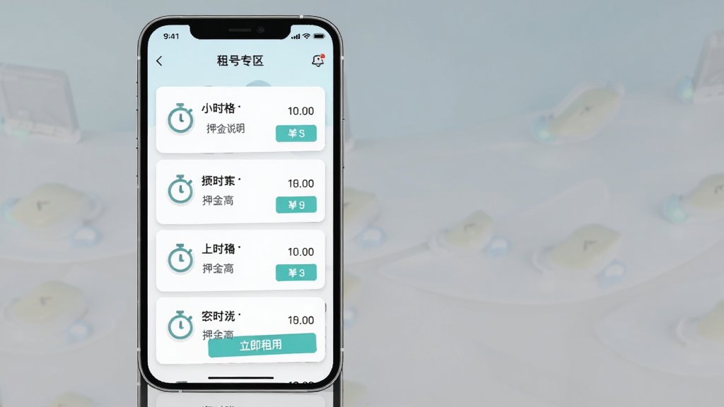 密马游戏交易租号专区界面,画面中一部手机竖屏显示租号列表,主体为租号卡片与计时器图标,布局为纵向列表,风格为清新浅色,细节包括小时价格、押金说明、立即租用按钮,画质清晰,干净,无多余元素