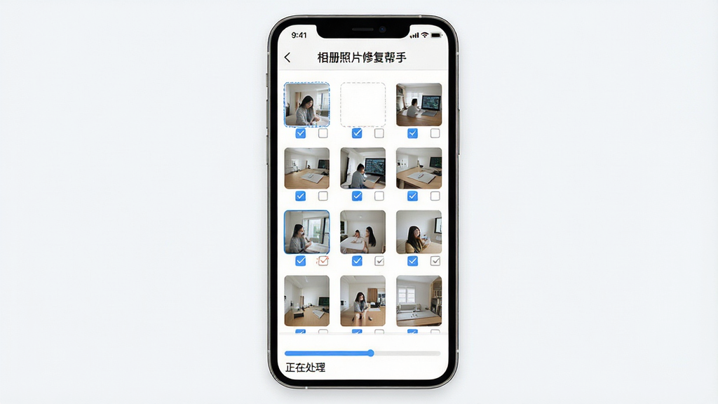 一张展示批量处理功能的界面图,画面中手机屏幕显示“相册照片修复帮手”的批量选择界面,多张缩略图被勾选,底部有进度条显示正在处理,主体为手机界面,布局为网格状缩略图,排版清晰,风格为扁平化设计,细节包括勾选框和进度条,画质为高清,干净无多余元素。
