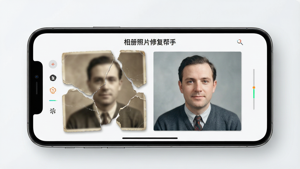 一张展示手机屏幕的图片,屏幕上显示着“相册照片修复帮手”的应用界面,左侧是一张模糊破损的老照片,右侧经过修复后变得清晰明亮,画面风格为现代科技感,主体为手机和照片对比,布局居中,排版简洁,风格为写实UI展示,细节包括修复前后的光影变化和细节纹理,画质为高清4K,干净无多余元素。