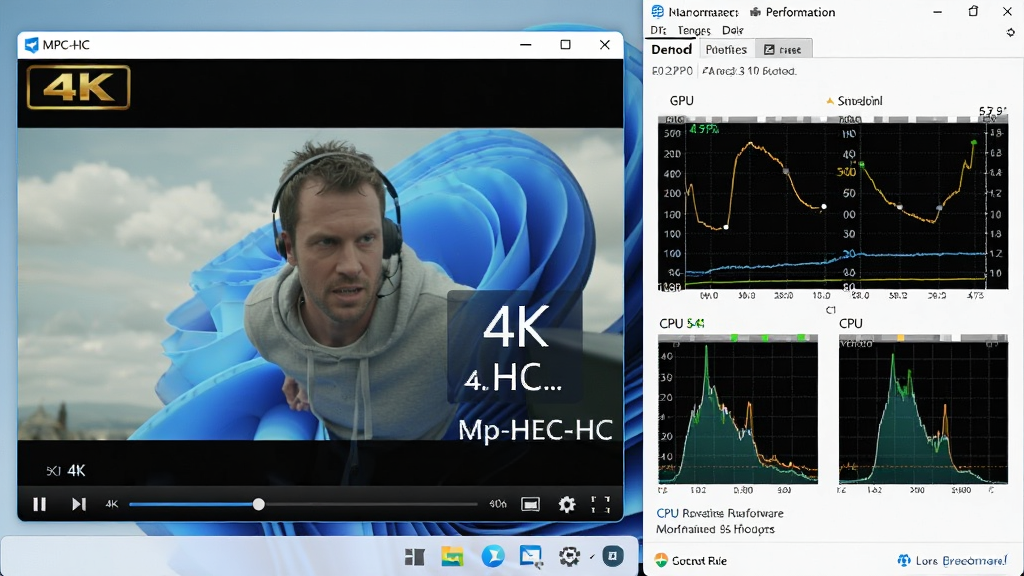 一张展示MPC-HC播放器在Windows 11系统下播放4K视频并开启硬件加速的截图,主体为播放窗口与任务管理器性能监控面板,布局为左右分屏,排版突出GPU占用率低,风格为技术评测风格,细节包含清晰的4K画面、GPU使用率曲线、CPU占用率,画质高清,干净无多余元素,画面中带有文字