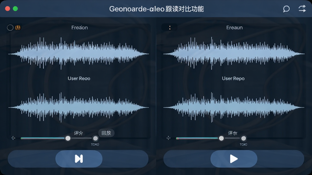 英语音标殿堂跟读对比功能界面,屏幕左右两侧分别显示原声波形与用户录音波形,下方有评分与回放按钮,界面布局对称,风格现代教学软件,清晰画质,干净无多余元素