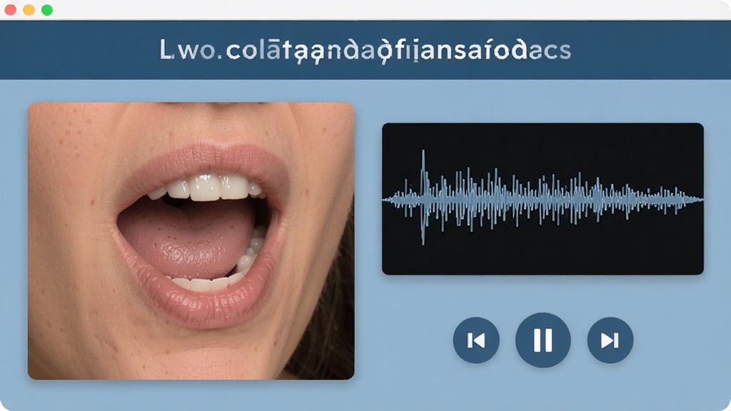 英语音标殿堂发音示范界面,画面中展示真人发音口型特写与音频波形图,旁边有播放控制按钮,界面简洁,风格专业教学,电脑软件截图,清晰画质,干净无多余元素
