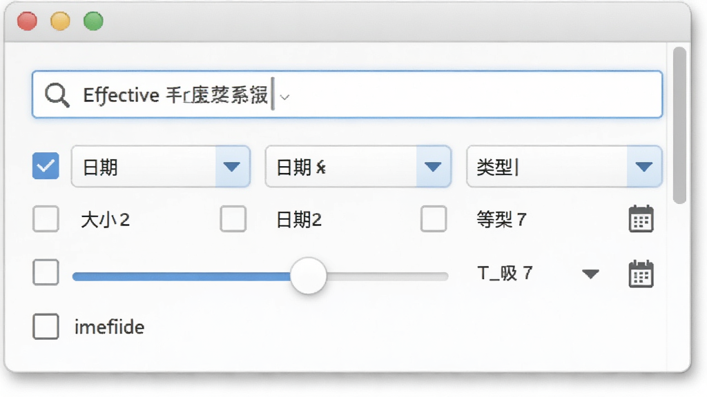 一张Effective File Search多条件过滤功能的界面特写图,主体是软件窗口中的筛选面板,布局为上方搜索框,下方排列着大小、日期、类型等下拉选项,排版整齐,风格为清爽浅色,细节包括勾选框、滑块、日历图标,画质清晰,干净,无多余元素
