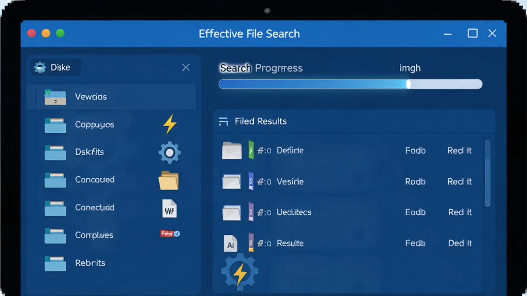 一幅展示Effective File Search索引引擎工作流程的示意图,主体是电脑屏幕上的软件界面,布局为左侧磁盘分区列表,右侧显示搜索进度条和文件结果,排版清晰,风格为简约科技蓝,细节包括齿轮图标、闪电符号、文件类型图标,画质清晰,干净,无多余元素