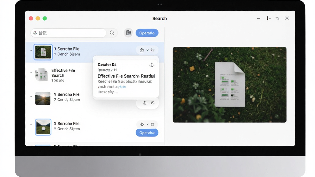 一幅展示Effective File Search实时预览窗格的场景图,主体是电脑屏幕上的软件界面,左侧为搜索结果列表,右侧为图片预览区域,布局左右分栏,排版合理,风格为柔和圆角设计,细节包括文件缩略图、文本预览框、操作按钮,画质清晰,干净,无多余元素