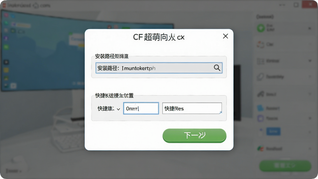 一张展示CF超萌表情包新手安装设置的图片,主体为软件设置向导窗口,布局为居中对话框、包含安装路径选择和快捷键设置区域,排版简洁明了,风格为友好易用的安装向导界面,细节包括绿色的下一步按钮、路径浏览图标、快捷键输入框,画质高清,干净,无多余元素