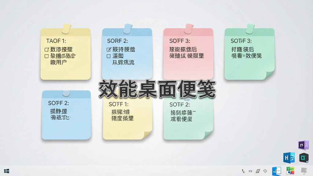 一张简洁明亮的Windows电脑桌面截图,画面中央排列着多张彩色桌面便签纸,便签上写着待办事项和日程提醒,便签颜色包含淡黄、浅蓝、浅粉和薄荷绿,桌面背景为干净的浅灰色渐变,右下角有软件小图标,整体布局整齐有序,风格为现代扁平化UI设计,细节包括便签阴影、圆角边框和清晰的文字排版,画质高清,画面干净,无多余元素,图片中文字为