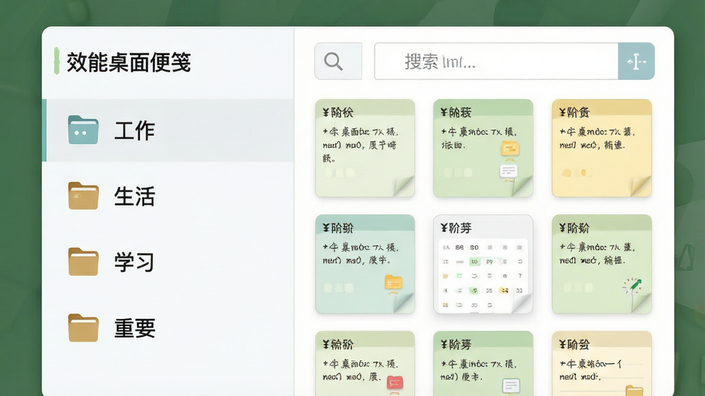 一张软件功能界面展示图,画面左侧为便签分类列表,包含工作、生活、学习、重要四个标签,右侧为搜索框和多张便签缩略图,界面风格为清爽浅色系,细节包括搜索放大镜图标、分类文件夹图标和便签预览卡片,画质高清,画面干净,无多余元素,图片中文字为