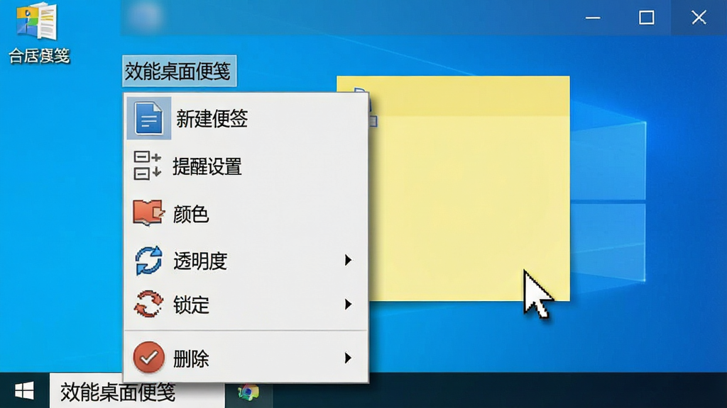 一张电脑桌面操作示意图,画面展示用户正在右键点击一张黄色便签,弹出菜单中包含新建便签、提醒设置、颜色、透明度、锁定、删除等选项,界面风格为Windows原生右键菜单样式,细节包括菜单阴影、选项图标和鼠标指针,画质清晰,画面干净,无多余元素,图片中文字为