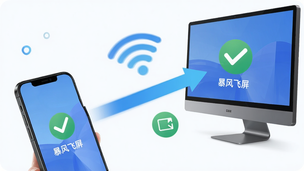 暴风飞屏 电脑端 一键无线投屏功能展示,主体为手机屏幕画面通过无线信号传输到电脑显示器的动态示意图,布局采用对角线构图手机在左下电脑在右上,排版突出无线连接箭头,风格为明亮清新的科技插画风,细节包含WiFi信号图标、投屏成功对勾标记、暴风飞屏文字标识,画质高清干净无多余元素