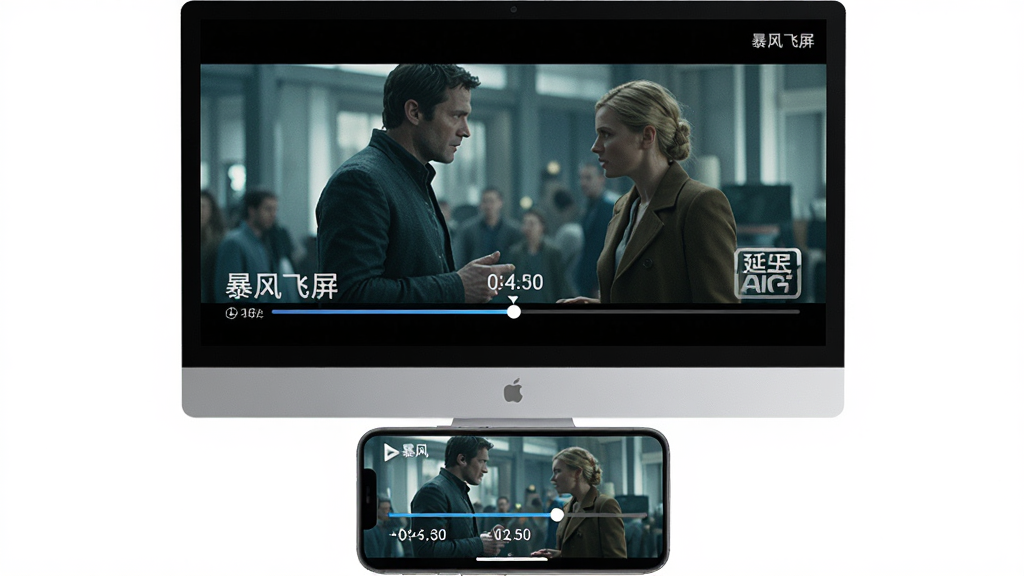 暴风飞屏 电脑端 低延迟高画质传输效果示意图,主体为电脑屏幕上播放高清电影画面与手机端同步显示进度条,布局采用上下对比形式上方电脑下方手机,排版强调同步精度,风格为写实渲染风格,细节包含时间轴对齐标记、高清画质标识、暴风飞屏品牌字样,画质高清干净无多余元素