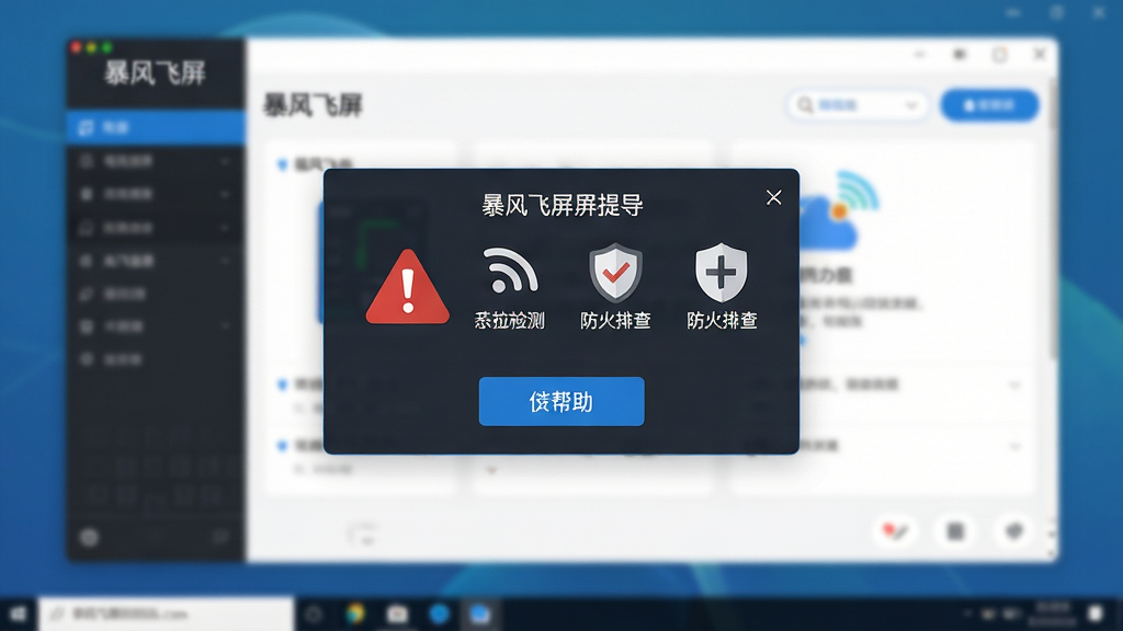暴风飞屏 电脑端 新手操作界面引导图,主体为电脑屏幕显示设备连接状态与故障排查提示弹窗,布局采用居中弹窗形式背景为软件主界面虚化,排版突出红色警告图标与蓝色帮助按钮,风格为扁平化UI设计,细节包含WiFi信号检测图标、防火墙盾牌标识、暴风飞屏文字logo,画质高清干净无多余元素