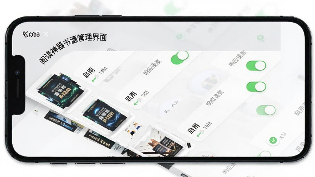 阅读神器书源管理界面,手机屏幕显示多个书源列表,每个书源带有启用开关和响应速度标识,背景为浅灰色,布局清晰,风格简约商务,画质干净无杂乱元素