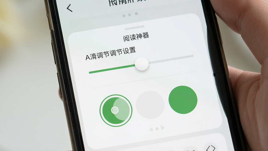 阅读神器阅读界面设置面板,手机屏幕中显示字体调节滑块和背景色选择圆圈,当前选中护眼绿背景,文字清晰,排版整齐,风格柔和清新,画质干净