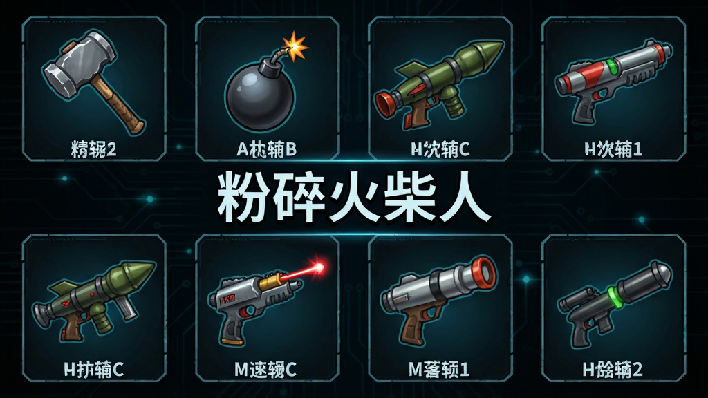 一个武器选择界面,展示多种武器图标包括锤子、炸弹、火箭筒、激光枪等,排列整齐,背景为深色科技风格,每个武器图标下方有文字标注,画面中央有“粉碎火柴人”标题,画质干净,细节清晰,无多余元素