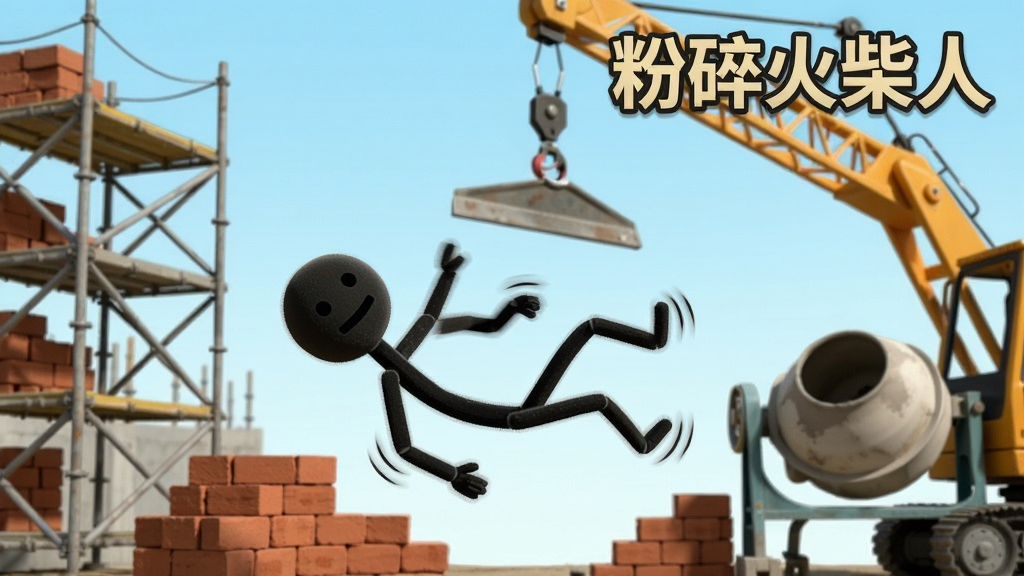 一个火柴人在建筑工地场景中被吊车甩出的画面,背景有脚手架、砖块、水泥搅拌机等元素,火柴人处于空中翻滚状态,风格为卡通写实,色彩丰富,细节清晰,画质干净,画面带有“粉碎火柴人”文字