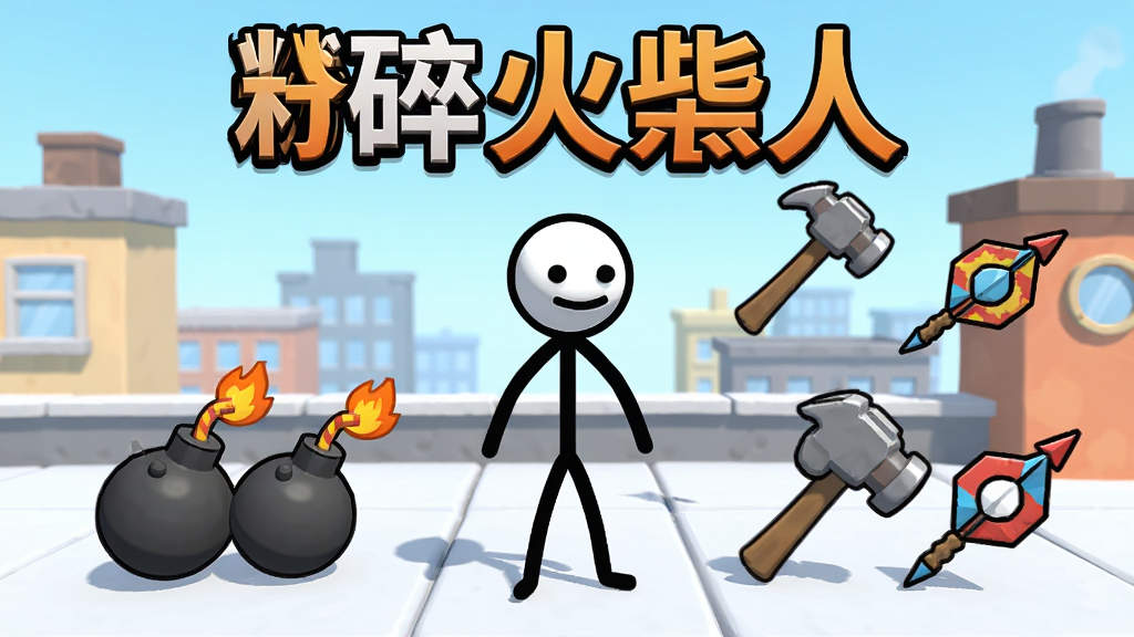 一款以火柴人为主角的物理破坏类休闲解压手游,画面中央是一个站立的火柴人,周围散布着炸弹、锤子、飞镖等道具,背景是简洁的城市天台场景,风格为卡通渲染,色彩明快,细节清晰,画质干净,无多余元素,画面中带有“粉碎火柴人”文字标题