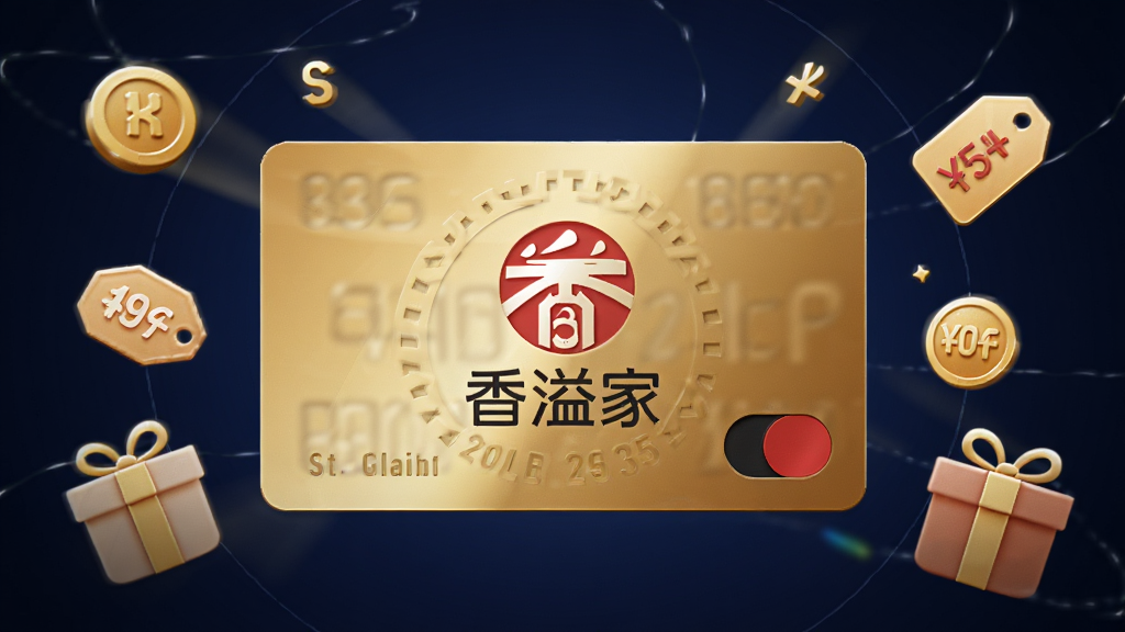 画面中央展示一张金色的会员卡片,卡片上印有香溢家标志,卡片周围环绕着积分符号、折扣标签与礼盒图标,背景为深蓝色渐变,布局对称,风格高端商务,细节精致,画质清晰,干净无多余元素