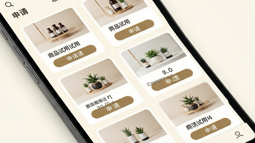 一张展示品鉴专区页面的手机界面图,页面中有多个商品试用卡片整齐排列,每张卡片包含商品图片与申请按钮,背景为暖白色,布局网格状,风格简约清爽,细节丰富,画质干净,无多余装饰