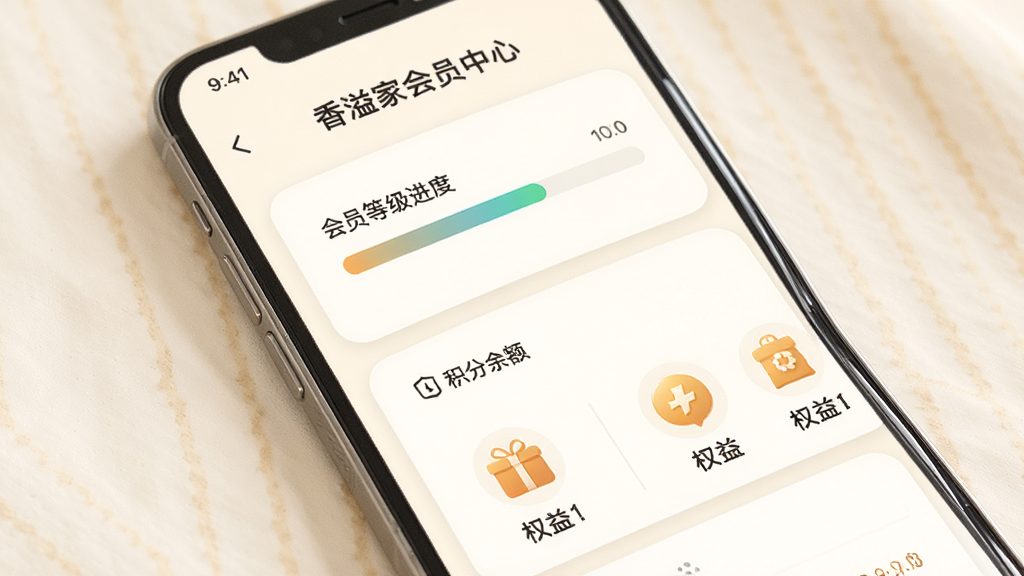 一部手机展示香溢家会员中心页面,页面中包含会员等级进度条、积分余额与权益图标,背景为柔和的米白色,布局卡片式,风格温馨亲切,细节清晰,画质干净,无多余元素