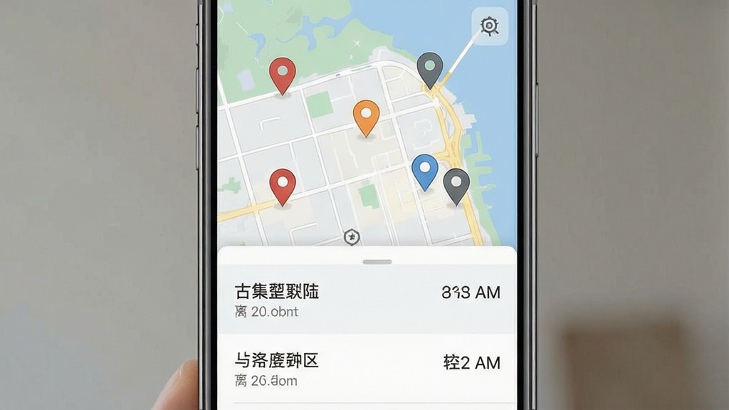 一张带有地图标记与门店列表的手机界面截图,地图上显示多个定位图标,下方列表展示门店名称与距离信息,背景为浅灰色,布局上下结构,风格现代扁平,细节清晰,画质干净,无多余元素