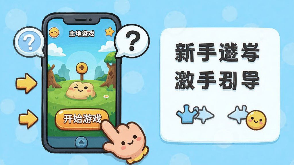 画面是一个卡通风格的新手引导界面,主体是一个手机屏幕显示游戏主界面,旁边有一个卡通手指指向“开始游戏”按钮,布局采用左图右文排版,风格为清新教学图示,细节包含问号气泡、提示箭头和微笑表情,画质明亮,干净,无多余元素