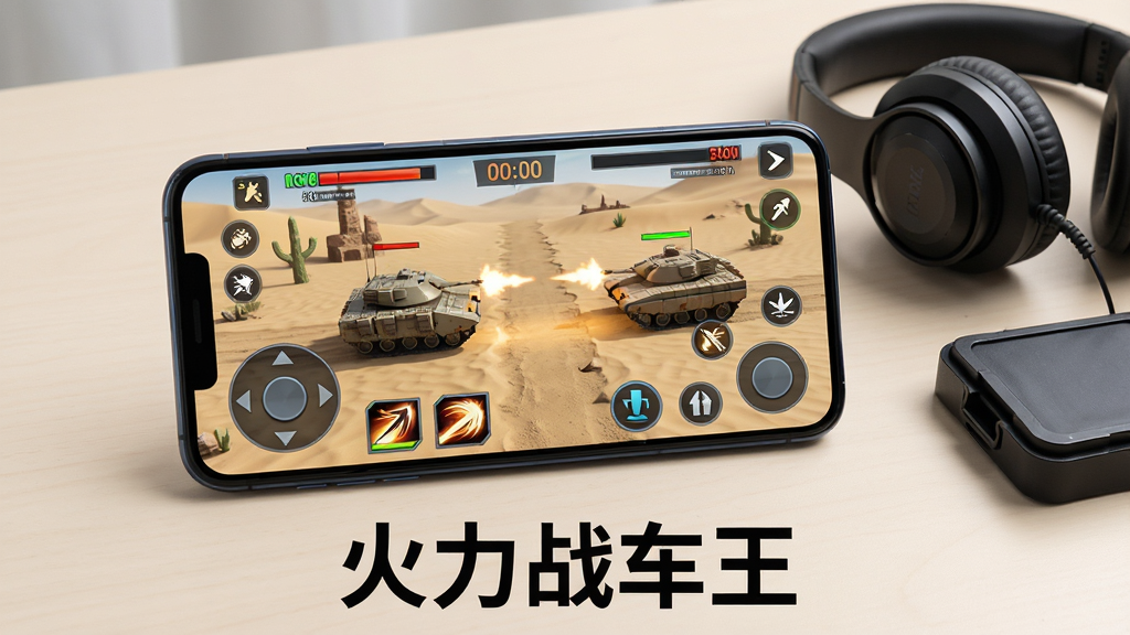 一部智能手机横屏显示火力战车王对战界面,画面中有两辆战车在沙漠地图交火,屏幕上方显示血量和倒计时,下方有技能按钮和方向摇杆,手机旁边放着一副耳机和一个散热背夹,背景是干净的浅色桌面,画面采用写实风格,细节清晰,画质干净,无多余元素,图片下方用黑色字体写着“火力战车王”。