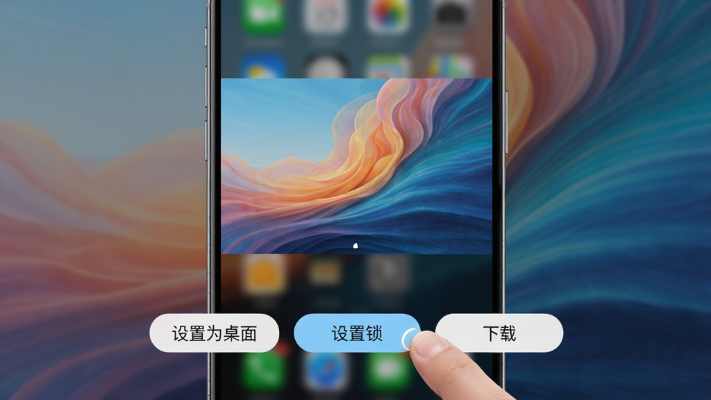 壁纸图片大师一键设置壁纸操作界面,手机屏幕显示一张精美壁纸预览图,下方有设置为桌面、设为锁屏、下载等按钮,手指正在点击设置按钮,背景为虚化的壁纸图片,界面风格简洁,按钮高亮清晰,画质干净,无多余文字,突出便捷操作体验