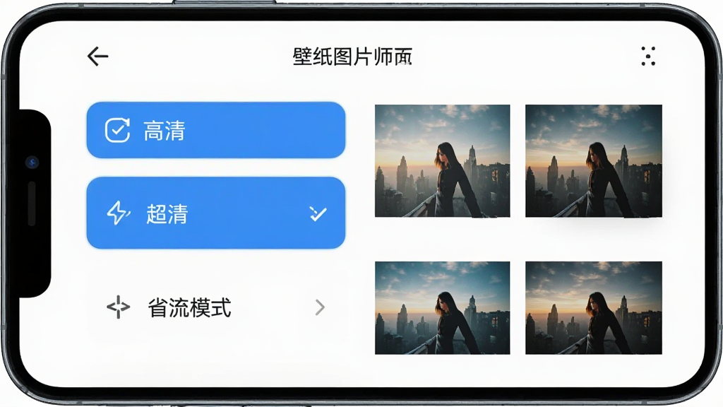 壁纸图片大师画质选择界面,手机屏幕显示画质选项列表,包括高清、超清、省流模式,旁边有对应的画质对比小图,背景为白色,界面简洁,文字清晰,风格现代,画质干净,无多余装饰,突出壁纸图片大师的画质管理功能