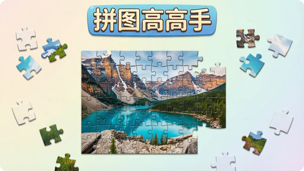 一张展示拼图高高手游戏主界面的图片,画面中央是正在拼合的风景拼图碎片,周围散落着待放置的拼图块,背景是柔和的浅色渐变,顶部有游戏名称“拼图高高手”文字标识,整体风格清新休闲,画质清晰,干净无多余元素,适合作为软件下载站预览图。