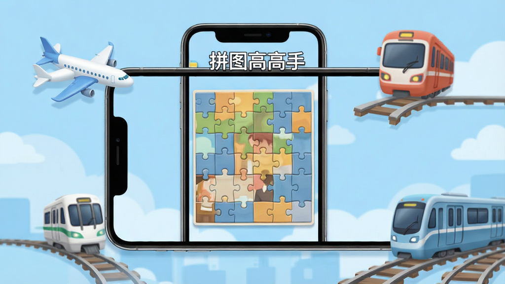 一张展示拼图高高手离线模式游戏界面的图片,画面中手机屏幕显示拼图游戏进行中,周围有飞机、地铁等元素点缀,背景是柔和的蓝色调,风格轻松休闲,画质清晰,干净无多余元素,带有“拼图高高手”文字标识。