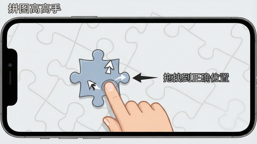 一张展示拼图高高手新手引导界面的图片,画面中手机屏幕上显示手指拖拽拼图碎片的操作示意图,旁边有箭头和文字标注“拖拽到正确位置”,背景是简洁的浅灰色,风格清晰易懂,画质干净,无多余元素,带有“拼图高高手”文字标识。