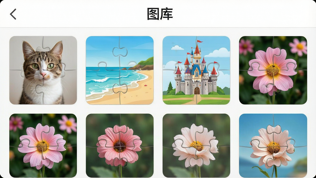 一张展示拼图高高手图库选择界面的图片,画面以网格形式排列着多张不同主题的拼图缩略图,包括猫咪、海滩、城堡、花朵等,界面顶部有“图库”字样,风格简洁明快,画质清晰,干净无多余元素,突出游戏名称“拼图高高手”的文字标识。