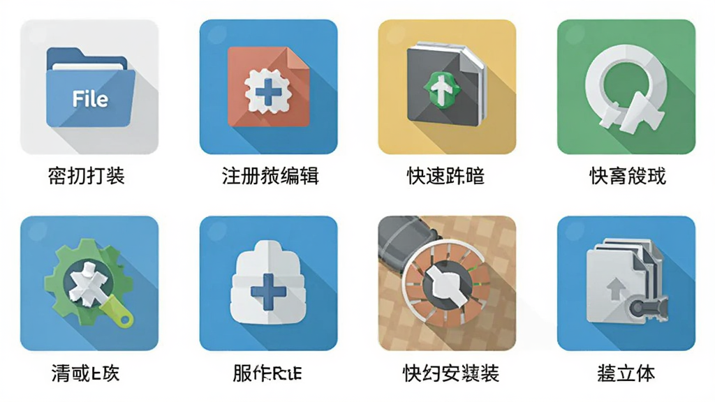 一张展示 MAKEMSI 功能模块的图片,画面以居中布局展示多个功能图标,包含文件打包、注册表编辑、快捷方式、服务安装等图标,风格为扁平化设计,细节清晰,画质高清,干净,无多余元素