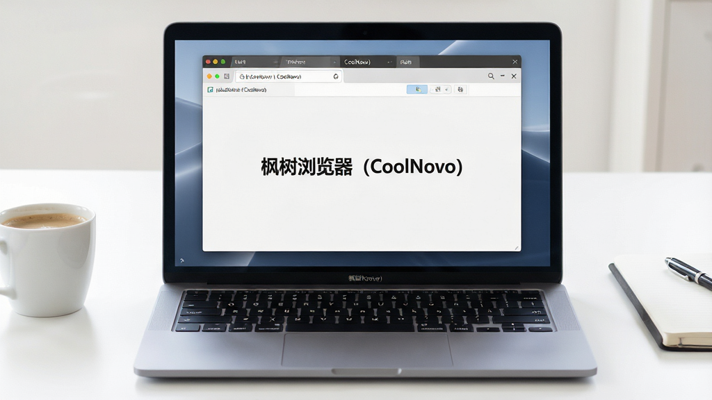 软件全貌展示图。画面主体是一台银灰色笔记本电脑,屏幕正中央清晰显示着“枫树浏览器(CoolNovo)”的软件界面,界面风格简洁,包含地址栏、标签页和书签栏。布局采用居中构图,电脑放置在干净的白色办公桌面上,旁边有一杯咖啡和一本笔记本。风格为现代科技产品摄影,细节上屏幕反光自然,键盘按键清晰可见。画质为4K超高清,干净明亮,无多余杂物元素。