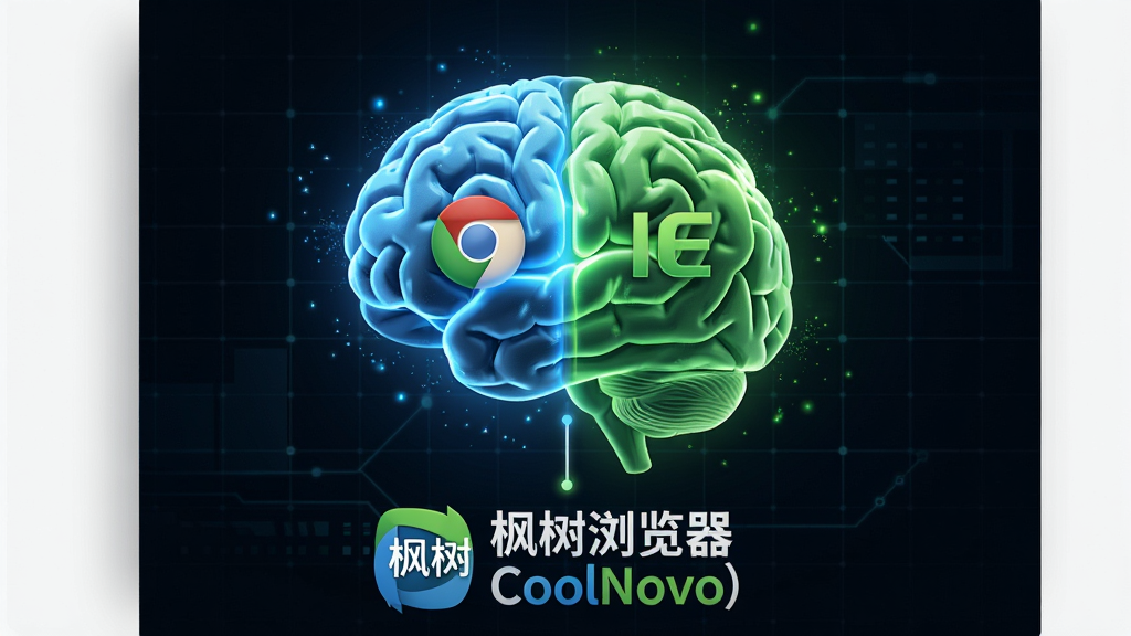 智能双核引擎概念图。画面主体是一个发光的立体大脑图标,大脑左半球为蓝色(代表Chrome极速),右半球为绿色(代表IE兼容),大脑下方连接着“枫树浏览器(CoolNovo)”的Logo。布局为中心对称,背景为深色科技感网格。风格为未来科技插图,细节上大脑纹理清晰,光芒粒子细腻。画质为高清,干净利落,无多余元素。