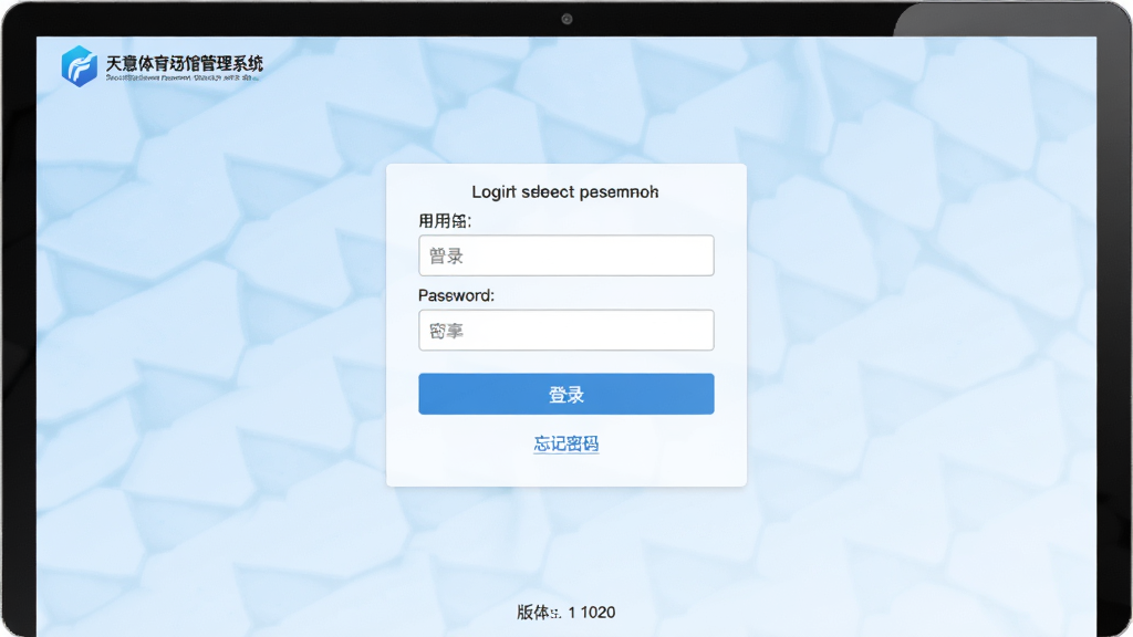 天意体育场馆管理系统登录页面展示,画面中央为登录框,包含用户名和密码输入框,下方为登录按钮和忘记密码链接,背景为淡蓝色渐变,布局简洁,风格清爽,细节包含软件Logo和版本信息,画质高清,画面干净,无多余元素