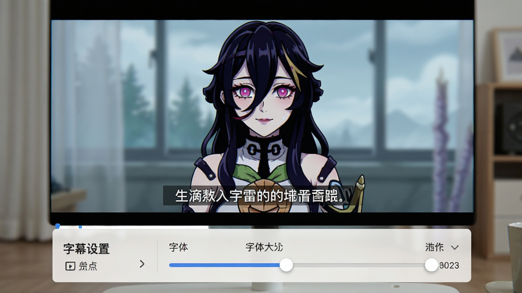 一张展示雷电影音字幕功能的图片,主体是播放器画面下方显示中文字幕,布局为视频画面加字幕区域,排版简洁,风格为日常观影场景,细节包括清晰的中文字幕文字、字幕设置面板、字体大小调节滑块,画面干净,2K画质,无多余元素