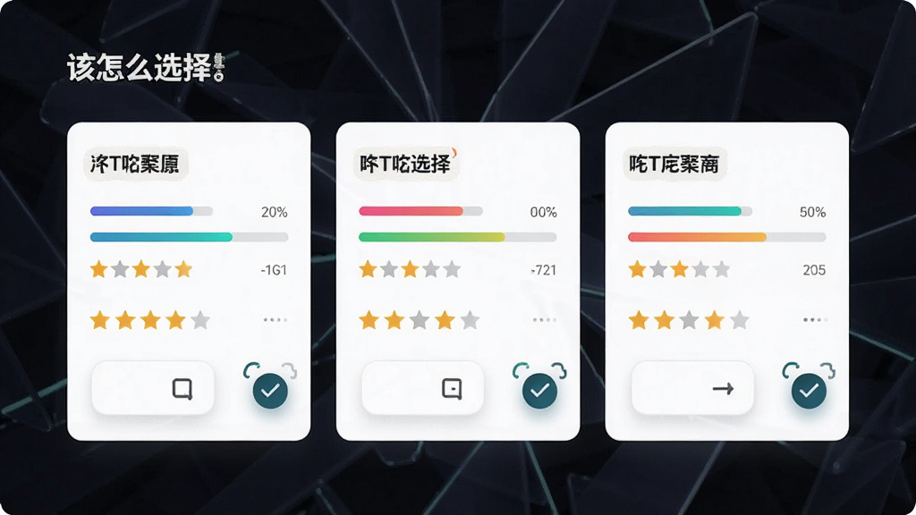 AI生图,主体为「该怎么选择」软件的选项对比界面,布局为三列并排的卡片式设计,排版整齐,风格为现代简约科技风,细节包括彩色进度条、星级评分和勾选动画,画质为超清,干净无多余元素