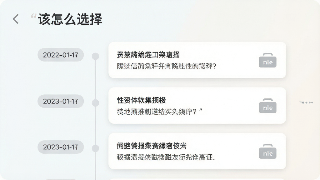 AI生图,主体为「该怎么选择」软件的历史记录页面,布局为纵向时间轴列表,排版清晰,风格为柔和浅色系,细节包括日期标签、摘要卡片和归档图标,画质为高清,干净无多余元素