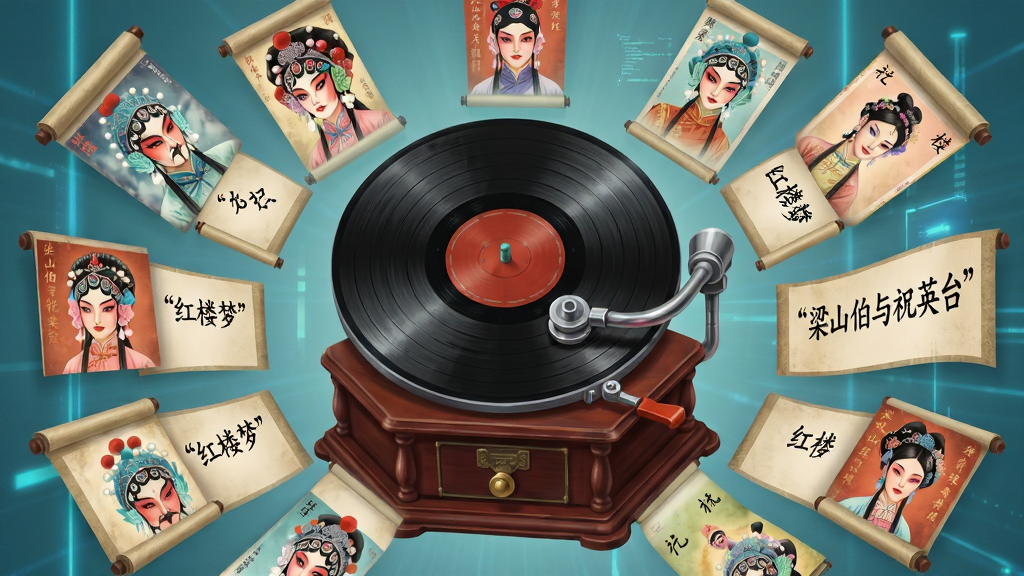 画面主体为一个巨大的古典戏曲唱片机,唱片机周围漂浮着大量戏曲剧目封面与角色头像,封面以卷轴形式展开,布局采用放射状围绕唱片机排列,风格为复古怀旧与数字科技结合的海报风格,细节包括剧目名称文字如“梁山伯与祝英台”“红楼梦”等以引号标注,画质高清,干净,无多余元素